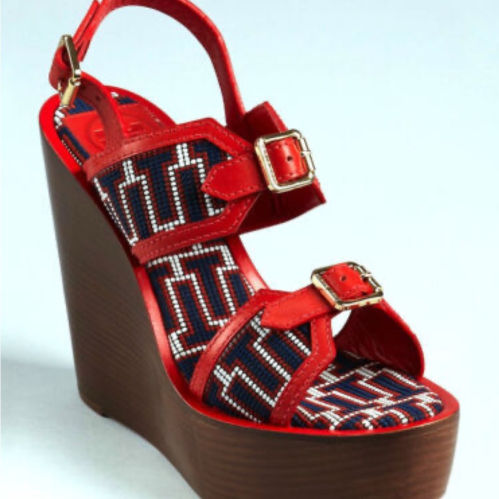 Tory Burch Florian Red, White and Navy Strappy Sandals